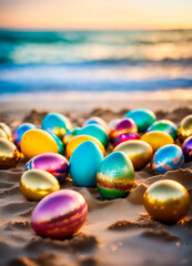 Easter eggs on the beach. Selective focus.