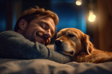 AI generated - no actual persons - man sleeping close to his dog.