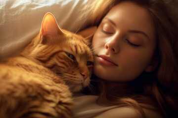 AI generated - no actual persons
Woman sleeping on bed close to her cats