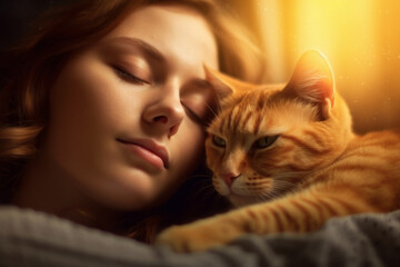 AI generated - no actual persons
Woman sleeping on bed close to her cats