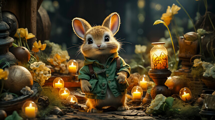 Cute Rabbit In Jacket Standing By Candles And Flowers In Enchanted Forest Setting.