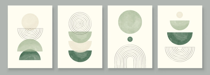 Green Boho Wall Art Set 3 or 4 Pieces of Posters Abstract Boho Rainbow Prints Boho Artwork Mid Century Modern Neutral Green Wall Decor