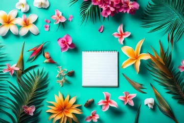 Fotobehang A mix of exotic tropical flowers and a notebook mockup on a vibrant turquoise background, creating a tropical paradise vibe. © WOW