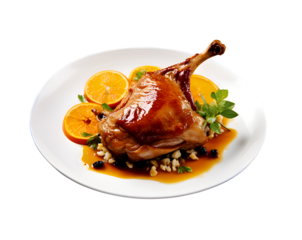 Duck confit with mandarin orange sauce, Tasty asian food, Delicious Chinese food, PNG file, isolated background.