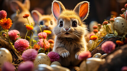 Animated Bunny Amidst Easter Eggs And Flowers In A Festive Setting. - obrazy, fototapety, plakaty