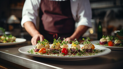 Obraz na płótnie Canvas Professional chef preparing, gourmet dish in a modern kitchen