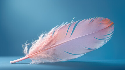 Pink Feather on Blue Background - Generative AI