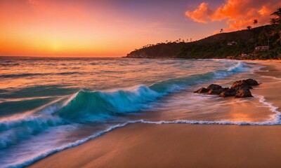 Sunset on the beach. Paradise beach. Tropical paradise, white sand, beach,