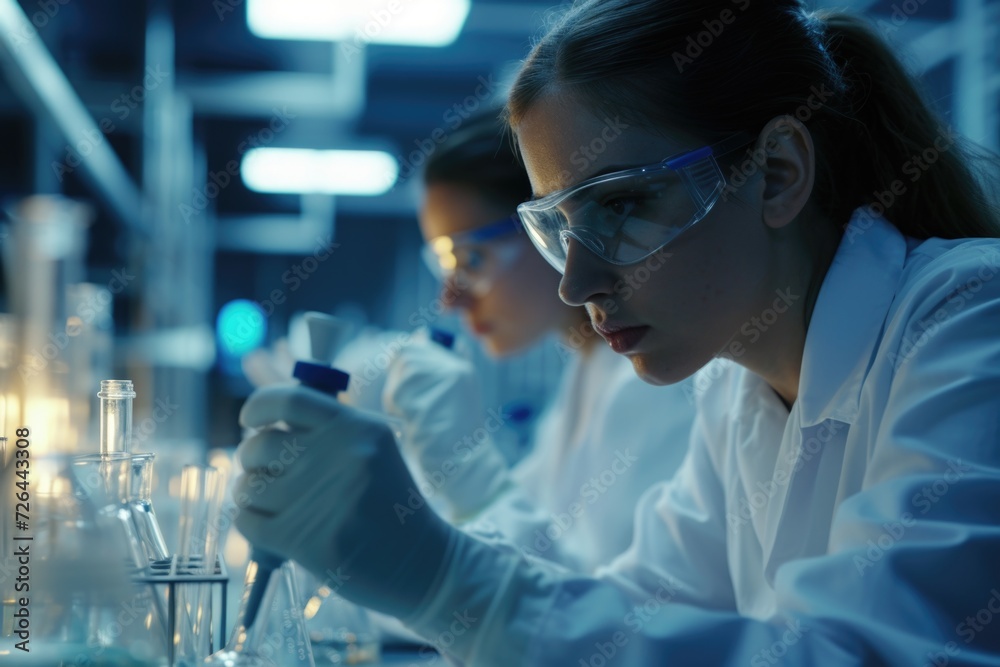 Poster a woman wearing a lab coat and goggles is seen working in a laboratory. this image can be used to de
