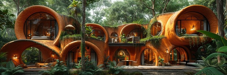 Eco-village with cob houses and communal living spaces