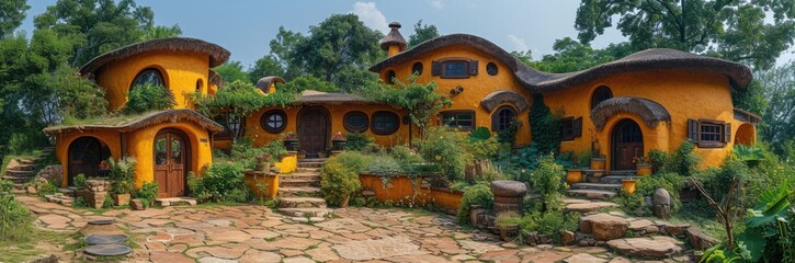 Eco-village with cob houses and communal living spaces