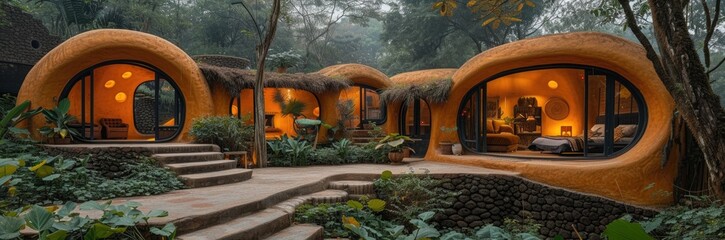 Eco-village with cob houses and communal living spaces 