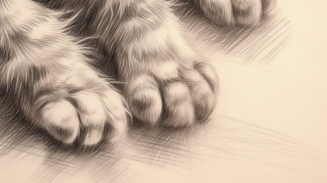 Detailed Pencil Drawing of Cat Paws - Generative AI