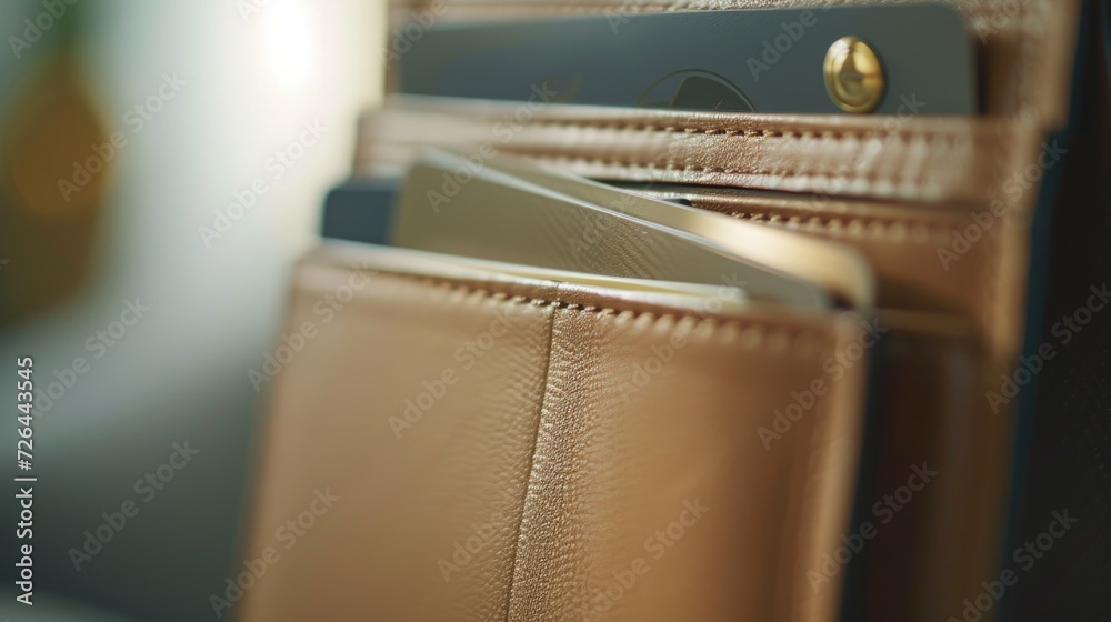 Poster A close-up view of a wallet with a cell phone inside. Perfect for illustrating the concept of mobile payments or digital wallets