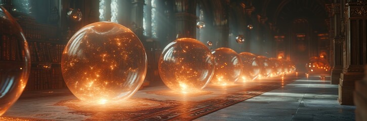Ethereal library with books floating in orbs of light  - obrazy, fototapety, plakaty