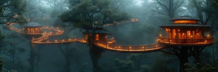 Elevated forest walkways connecting treehouse communities  - obrazy, fototapety, plakaty