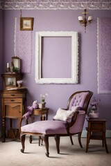 Fototapeta na wymiar A Victorian-inspired sitting room with lace curtains and antique furniture, the wall adorned with a blank white frame against a muted lavender backdrop.