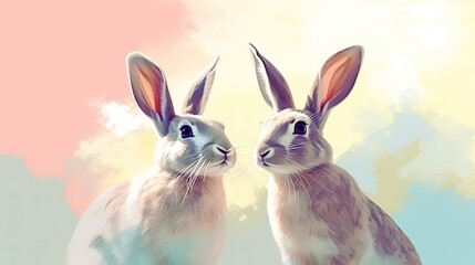 Two Cute Rabbits on a Pastel Background - Generative AI