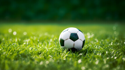 soccer ball on green grass,
Soccer ball put on the lawn