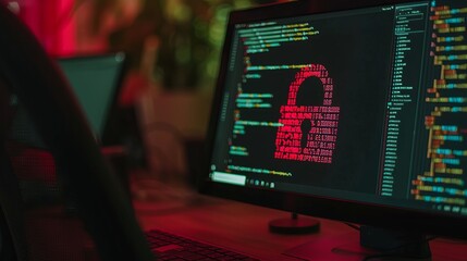 Secure software development code on computer screen with padlock symbol and blurred background