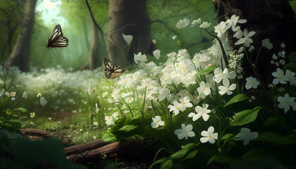 Forest glade with lots of white spring flowers and butterflies on a sunny day. Generative AI.