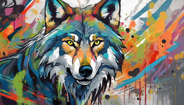 Urban art design. Illustration of a wolf. Creativity in graffiti style painted on walls. and the original color palette