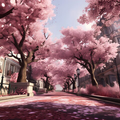 Beautiful pink blossom trees in roadside