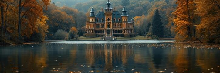 Fairy-tale castle with modernist elements in a forest  - obrazy, fototapety, plakaty