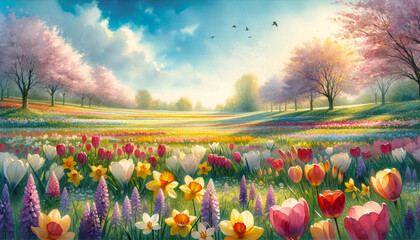 春の風景　背景、壁紙　（ AI生成画像 ）