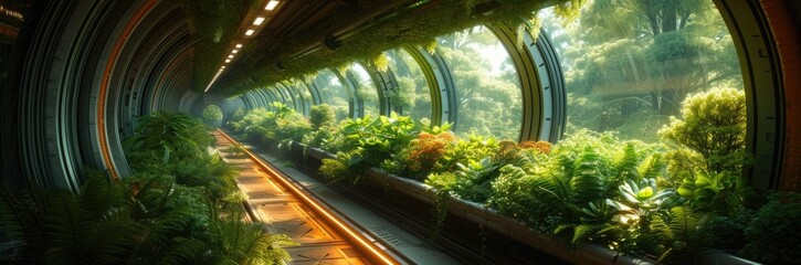 Futuristic agritopia with high-tech farms and greenhouses 