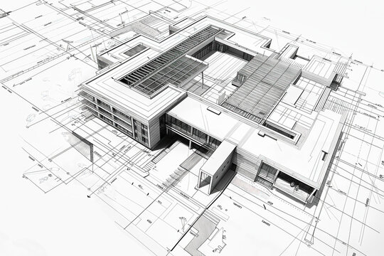 Architectural drawing and three-dimensional model of a public building, such as a school