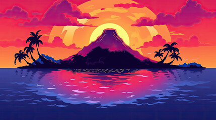 Tropical Sunset in Calm Waters Against a Colorful Sky - Generative AI