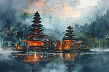 History of Indonesian in watercolor colors Illustration. Indonesia history watercolor paint Illustration. Horizontal format