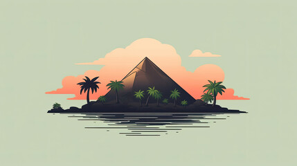 Tropical Island with Pyramid at Sunset View - Generative AI