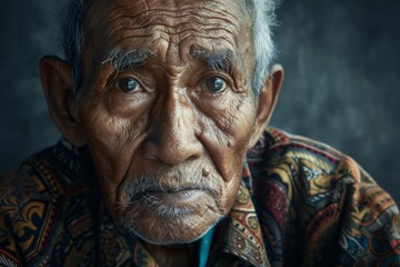 Portrait of Indonesian old man in national clothes from history of Indonesia realistic detailed photography texture. Indonesian man. Horizontal format