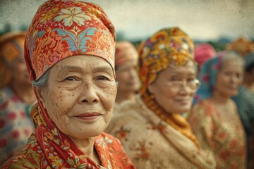Indonesian people in national clothes from history of Indonesia realistic detailed photography texture. Indonesian old woman portrait. Horizontal format