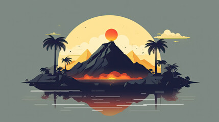 Sunset on Volcanic Mountain Lake with Palm Trees - Generative AI