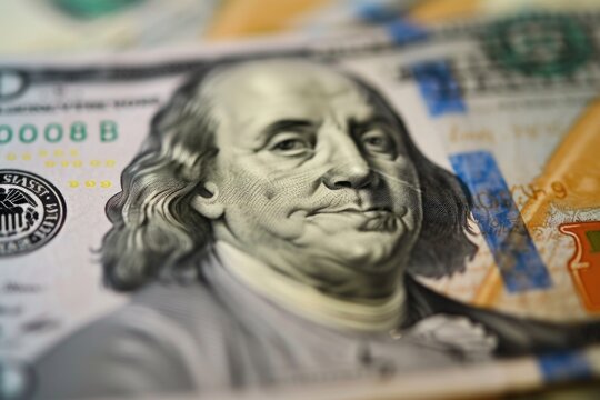 Close up view of a one hundred dollar bill. Can be used to depict money, wealth, finance, or business concepts