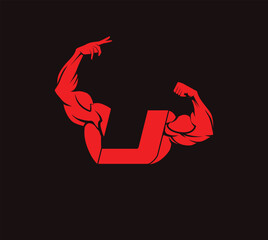 bodybuilder unique vector with letter J, gym and fitness logo, design, emblem and icon