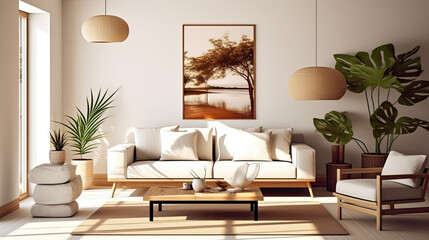 Sunlit Living Room with Elegant Decor - Generative AI