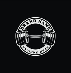 Round gym and fitness emblem, t-shirt print with barbells, white on black