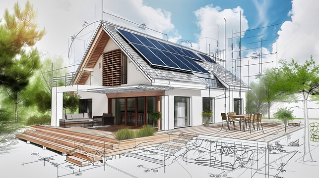 Architectural drawing for a single-family house with solar panels combined with a model photo of the house