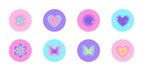 Set of blurred gradient round stickers, highlights covers in y2k style. Templates icons, trendy aura design for social media, story buttons. Flower, heart, planet, butterfly 2000s elements. Vector