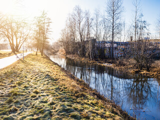Serene Winter Morning by a Calm River With Sunlight Filtering Through Bare Trees