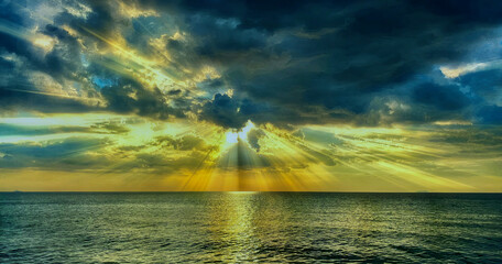 Scenic destination and art photography. Amazing sunset and clouds over the ocean. From a tropical...