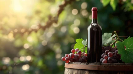 Fotobehang Bottle of wine on barrel with grapes on blurred background and free place for text © eireenz