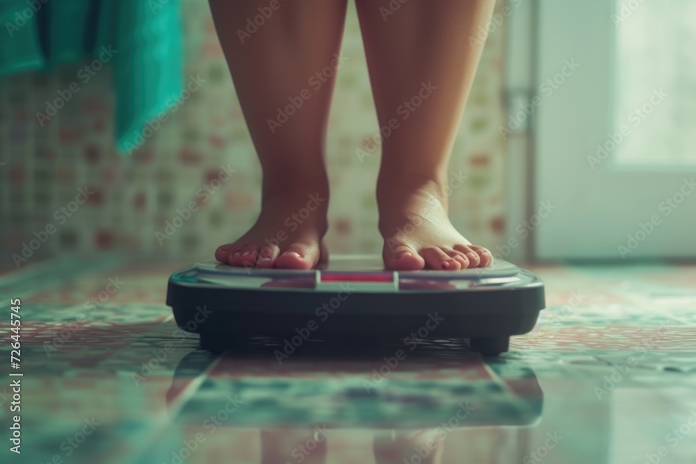 Aufkleber A person standing on a scale on a tiled floor. Suitable for health and fitness concepts