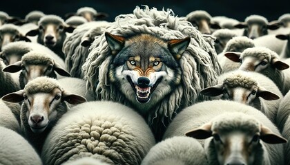 Obraz premium A wolf in sheep's clothing is an idiom from Jesus's Sermon on the Mount as narrated in the Gospel of Matthew. It warns against individuals who play a duplicitous role