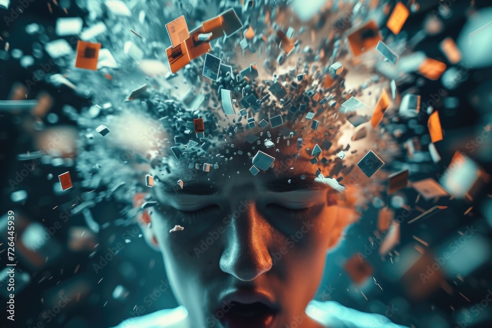 Poster a man with a bunch of cubes coming out of his head. this unique and creative image can be used to re