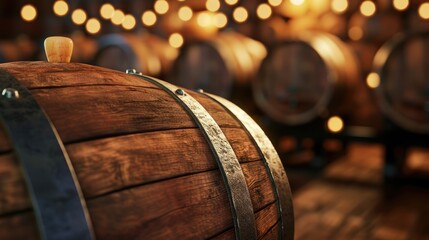 Close up of wooden barrel of wine on blurred background